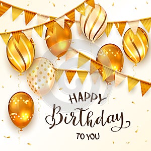 White Background with Golden Birthday Balloons and Pennants