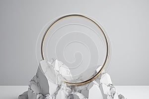 white background with golden ring, round frame integrated into chalk rock stone, aesthetic minimalist Generative AI.