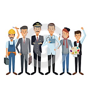 White background with group male people of different professions