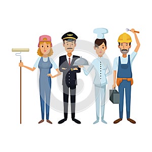 White background with group people of different professions standing