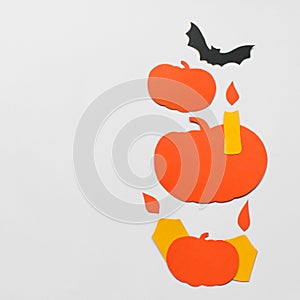 White background with halloween decorations. Halloween concept. Flat lay