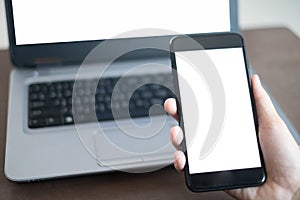 white background hand of caucasian woman hold mobile phone