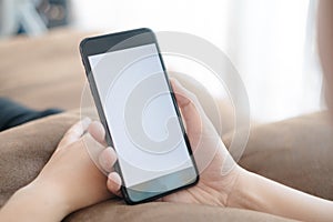 White background hand of caucasian woman hold mobile phone