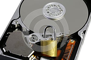 White background and hard disk of a computer with the padlock to