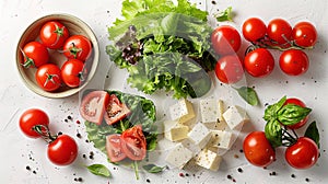 On a white background, the ingredients for Caesar sala