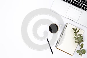 White background with laptop, notepad, eucalyptus branch and coffee, top view.