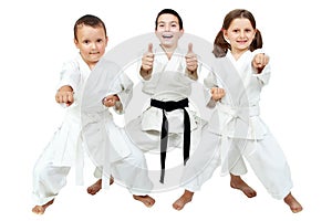 On a white background little children express the delight of karate lessons