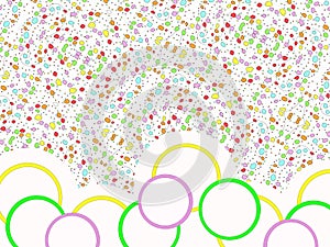 White background with lots of colorful, playful stains with large circles of green, yellow and pink at the bottom