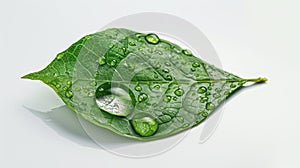 On a white background, a macro lens 1:1 shot of water drops on a leaf can be seen