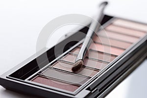On a white background make-up colorful eyeshadow palette with brushes.
