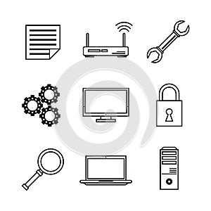 White background with monochrome icons of data service center