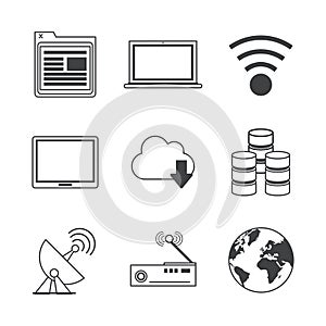 White background with monochrome icons of network broadcasting and storage