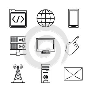 White background with monochrome icons of network broadcasting and tech devices