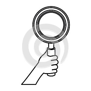 White background with monochrome silhouette of hand holding magnifying glass