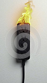 White background with an overloaded power strip that is on fire, burning hazard, overheating,