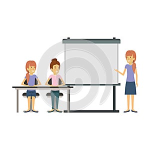 White background with pair of women sitting in a desk for female executive orator in presentacion business people photo