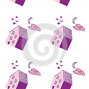 White background pattern with pink and purple houses, blue moon, clouds and birds.