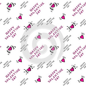 White background with pink hearts, wings, halos and lettering. Pattern for wrapping paper.