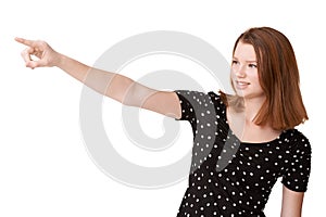 White background, portrait and girl to point, wonder and contemplate with mockup in studio. Confident, gen z teenager or