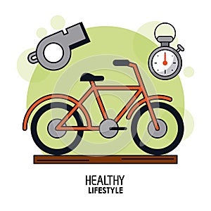 White background poster of healthy lifestyle with bicycle in closeup and whistle and chronometer on top