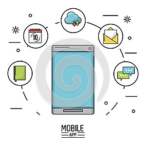 White background poster of mobile app with smartphone device and icons app of more use forming a circle