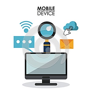 White background poster of mobile device with desktop computer and common icons in top view
