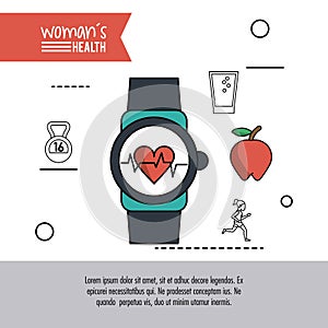 White background of poster woman health with clock heart pulse monitor and icons around