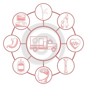 White background with red color sections of silhouette ambulance car connected to circular frames elements health