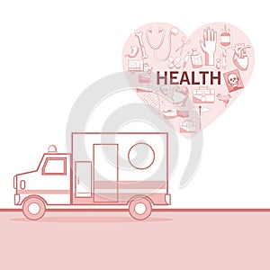 White background with red color sections of silhouette ambulance car and heart shape with elements health