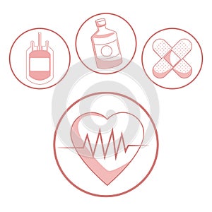 White background with red color sections of silhouette hearbeat and icons health in circular frame