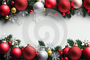 a white background with red and silver ornaments and snowflakes on it and a white background with a white border