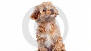 On a white background, a reddish havanese puppy is sitting frontal and looking upward, looking at the camera.