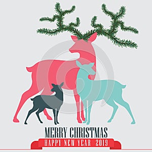 White background with Reindeer family for christmas. Merry Christmas lettering.