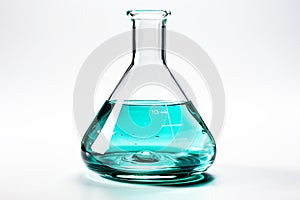 White background, round bottom distillation flask, blue liquid, glass beaker, glass tube filled with green liquid.