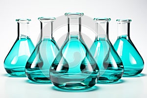 White background, round bottom distillation flasks, green liquid, glass beakers, glass tubes filled with blue liquid.