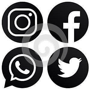 White background rounded black & white Facebook Instagram Twitter Whats-app logos