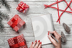 White background. Rustic. Brad and decorative cones. Modern style. Letter to Santa. Xmas Card, Christmas and New Year`s Eve.