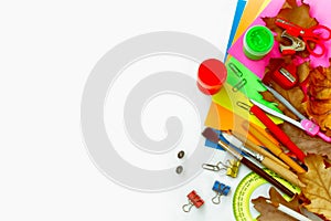 White background with school stationery, back to school concept