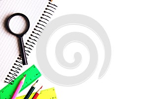 White background with school stationery and empty space for your