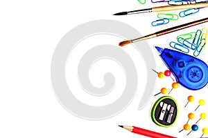 White background with school stationery and empty space for your