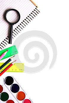 White background with school stationery and empty space for your