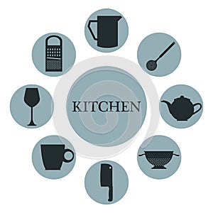 White background with set collection bluew color of circular icons different silhouette elements kitchen inside photo