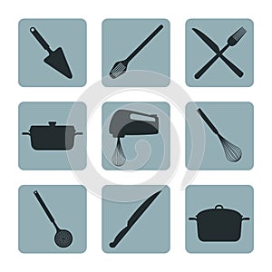White background with set collection bluew color of square icons different silhouette elements kitchen photo