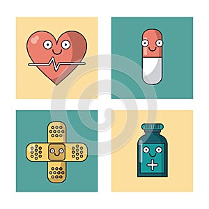 White background with set of frames with heart pulse and pill and ban aid and medicine bottle