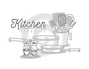 White background with set silhouette kitchen utensils photo