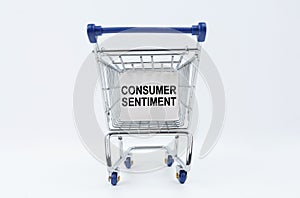 On a white background is a shopping cart with a sign that says - Consumer Sentiment