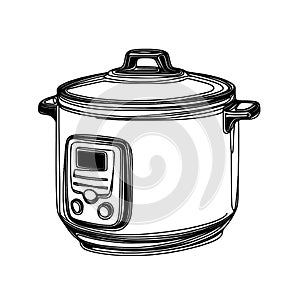 A white background showcases a line drawing of a contemporary electric pressure cooker.