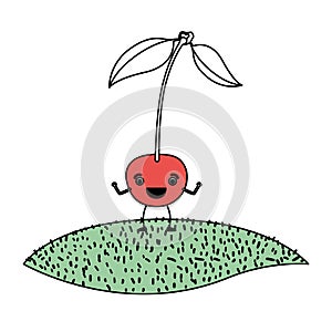 White background with silhouette color sections of cherry fruit caricature over grass