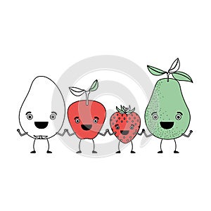 White background with silhouette color sections set fruits apple pear strawberry and mango in caricature