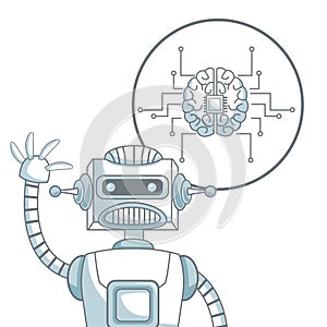 White background with silhouette color sections shading of closeup robot and icon brain with circuits